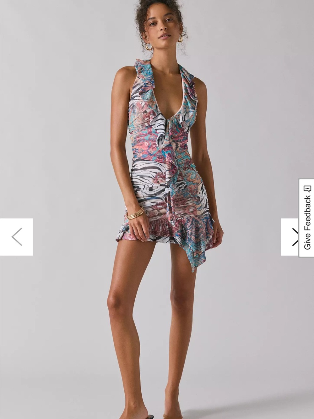 Ruched Halter Mini Dress in Multicolor Paisley & Zebra Print